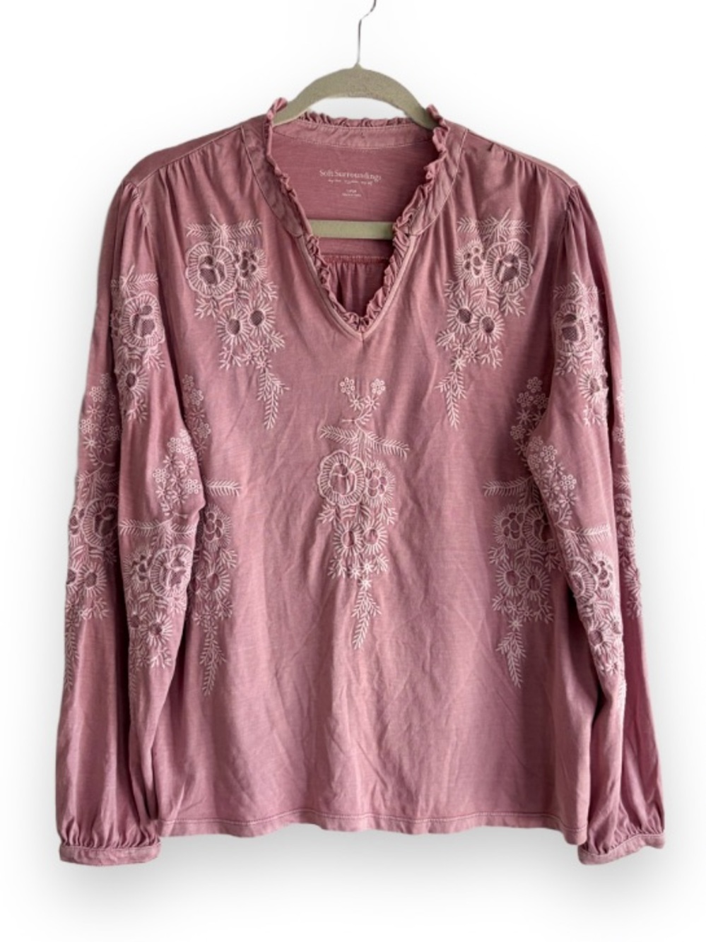Soft Surroundings Mauve Pink 100% Cotton Floral Embroidered Knit Blouse Size L